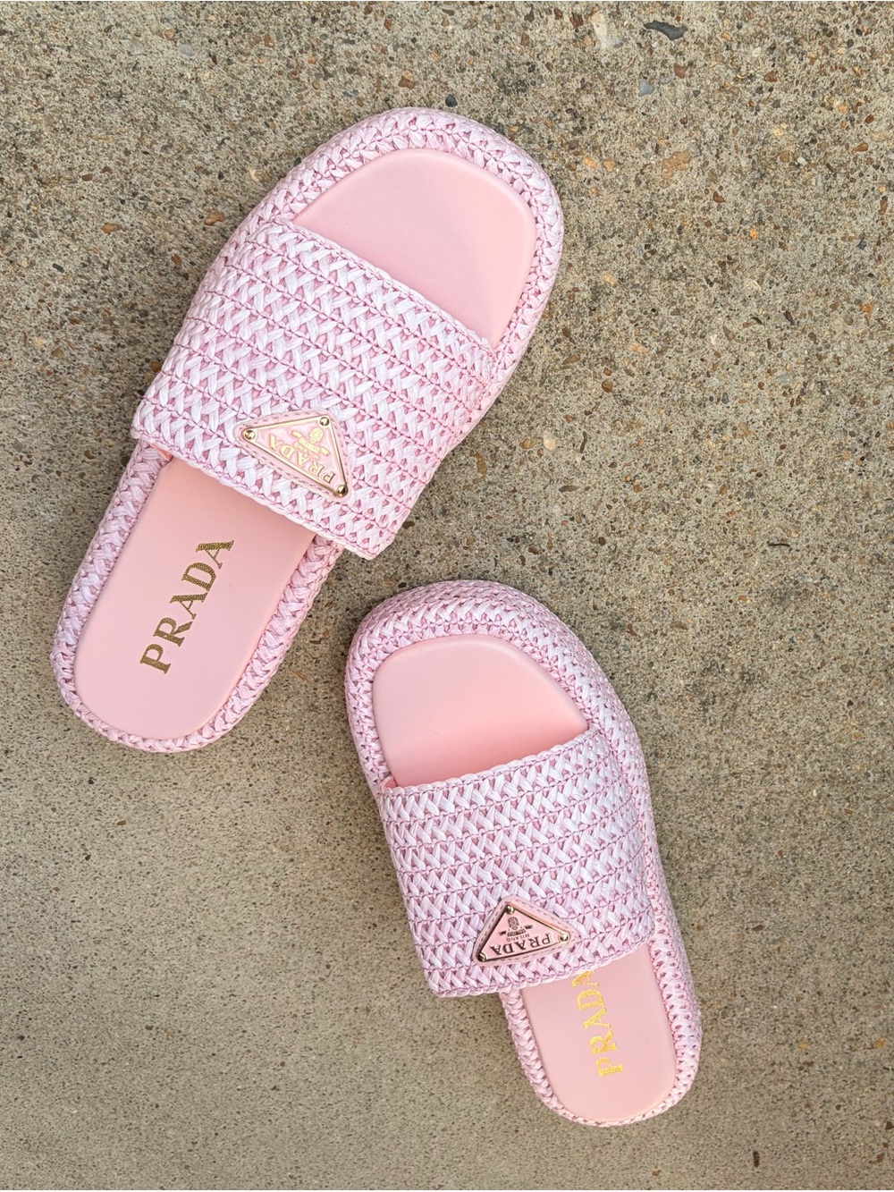 Prada Pink Braided Slide Mules with Gold Triangle Emblem - Size 39 - Picture 3 of 4